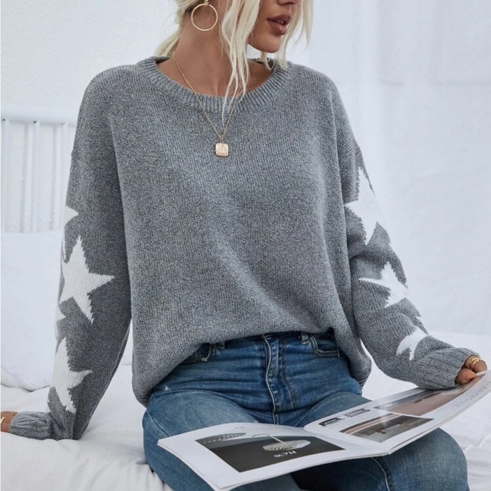EMERY ROSE Star Pattern Drop Shoulder Sweater,Long Sleeve Tops